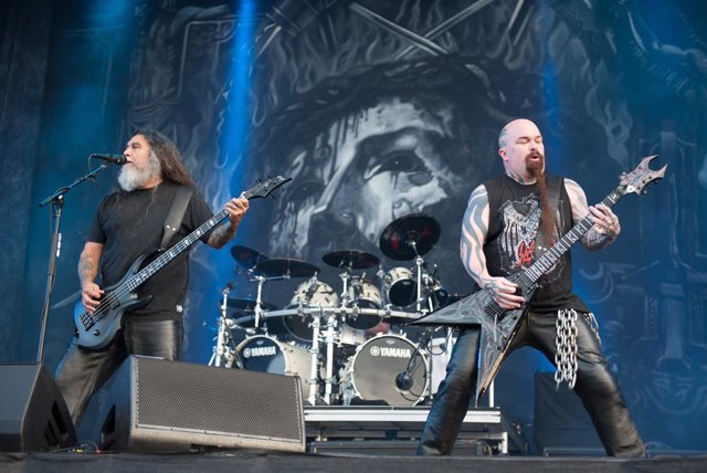 Kerry King and Tom Araya of Slayer performing live on stage on day 3 of Download