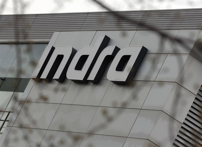 The logo of Spanish technology company Indra is seen on the top of its headquart