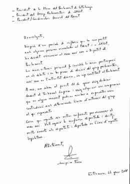 Carta de Joaquim Forn de renuncia como diputado de JxCat en el Parlament