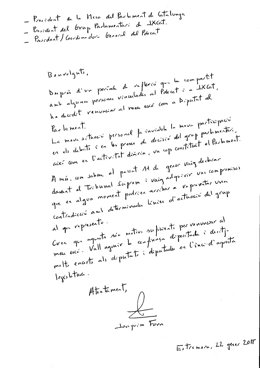 Carta de Joaquim Forn de renúncia com a diputat de JxCat en el Parlament