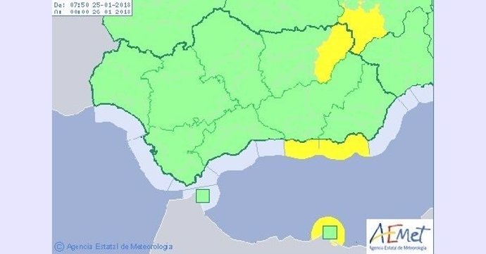 Mapa de avisos de Aemet para este jueves en Andalucía 