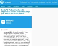El PPCV mantiene en su web un comunicado de Bonig de 2009 en el que muestra el "apoyo sin fisuras" a Camps y Camps