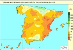 Distribución de lluvias en España hasta el 23 de enero de 2018