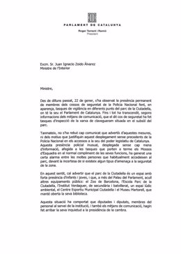 Carta de Roger Torrent al ministro Juan Ignacio Zoido
