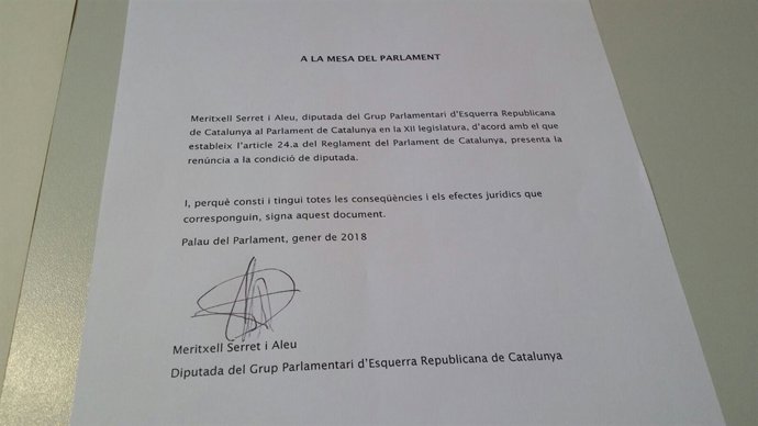 Renúncia de Meritxell Serret al seu escó en el Parlament