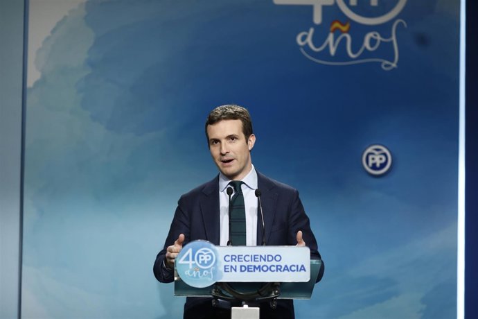 Rueda de prensa de Pablo Casado en la sede del PP