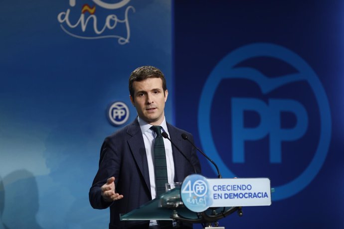 Rueda de prensa de Pablo Casado en la sede del PP