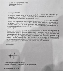 Escrit de C.Puigdemont que demana empara al Parlament per a la seva investidura