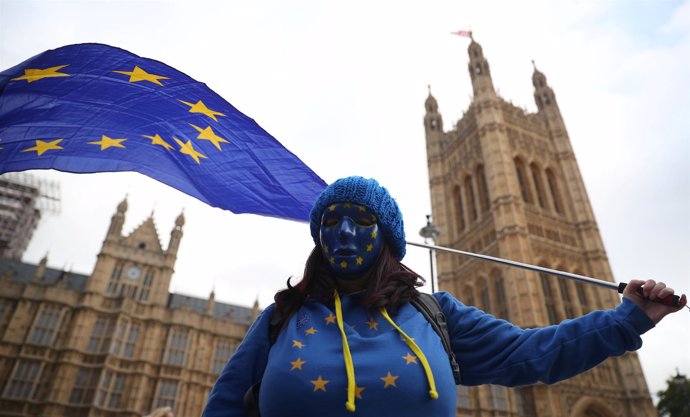 Manifestante con la bandera de la UE frente al Parlamento británico
