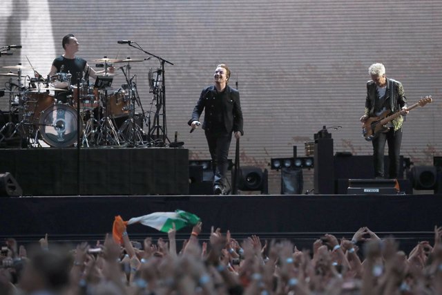 U2 performing on stage at Croke Park in Dublin.