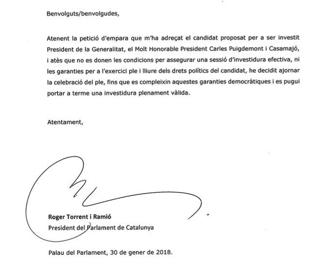Carta de Torrent als grups en què ajorna el ple d'investidura