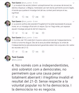 Tuits del diputado de ERC y conseller cesado Toni Comín