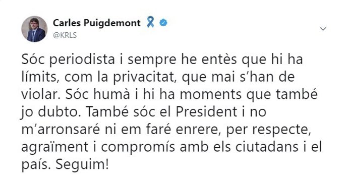 Tuit de Carles Puigdemont sobre els seus missatges amb Comín