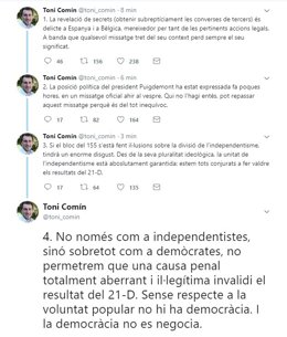 Tuits del diputat d'ERC i conseller destituït Toni Comín