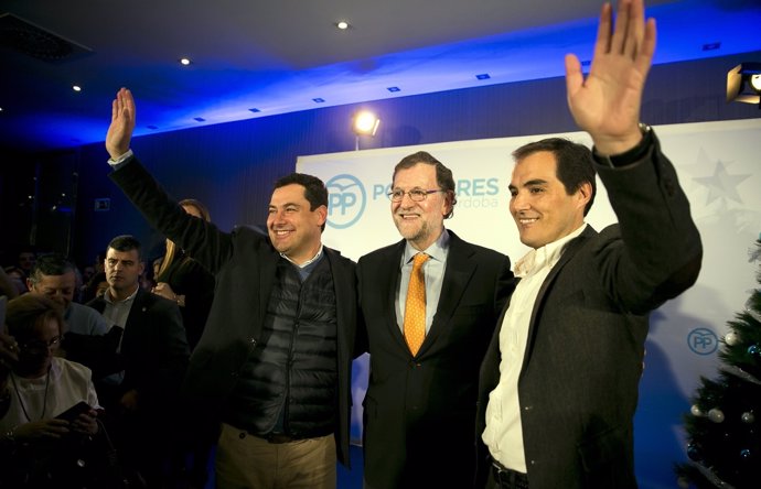 Juanma Moreno, Mariano Rajoy y José Antonio Nieto en un acto en Córdoba