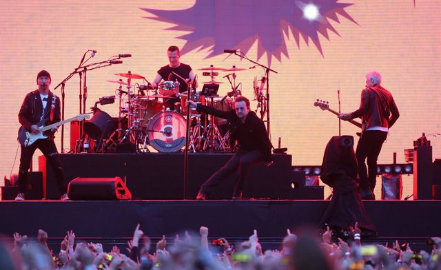 U2 performing on stage at Croke Park in Dublin.