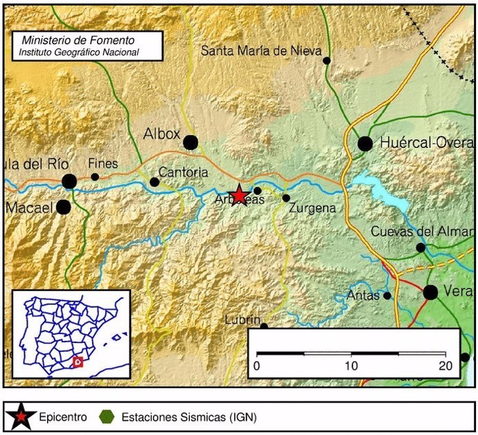 Mapa con el epicentro del terremoto registrado en Arboleas (Almería)