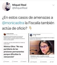El equipo de Oltra pregunta a Fiscalía si investigará de oficio amenazas de muerte en redes sociales a la vicepresidenta