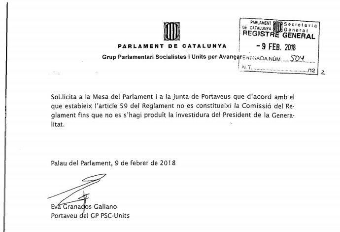 El PSC demana al Parlament no constituir la Comissió del Reglament