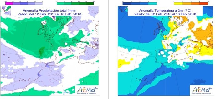 Mapa de precipitaciones y temperaturas previstas del 12 al 18 de febrero 2018