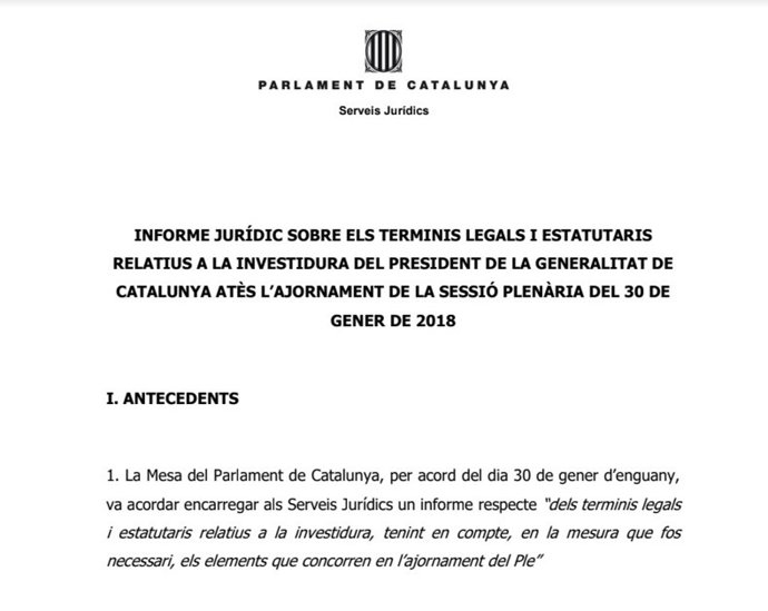 Capçalera de l'informe dels lletrats sobre els terminis de la investidura
