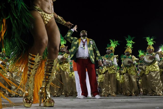 Drum queen Juliana Paes from Grande Rio samba school performs during the first n