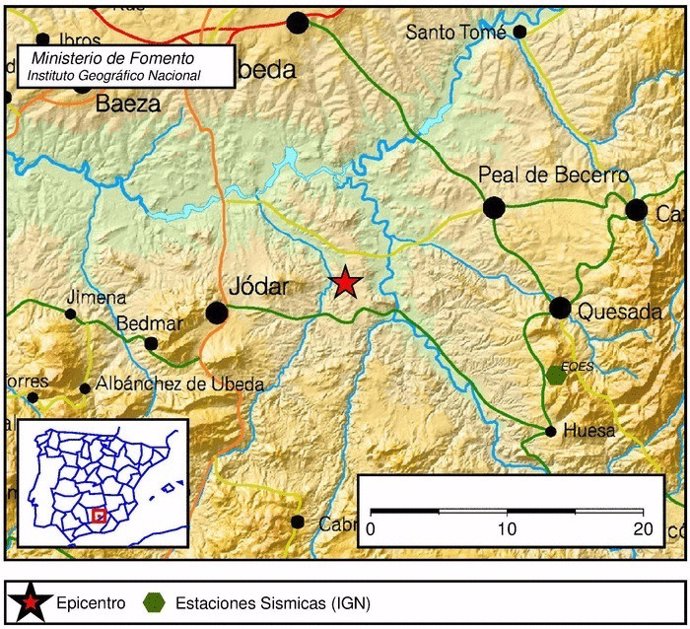 Localización del terremoto con epicentro en Jódar (Jaén)