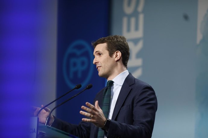 Rueda de prensa de Pablo Casado en la sede del PP