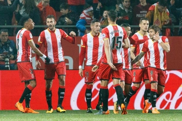 El Girona celebra un gol en Montilivi