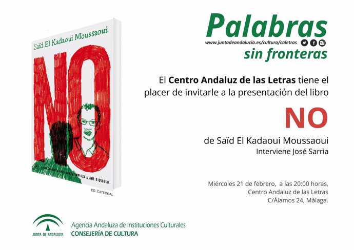 Cartel de presentación del libro 'NO' en el ciclo Palabras sin fronteras del CAL