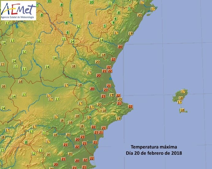 Temperauras máximas en la Comunitat Valenciana, 20 de febrero de 2018