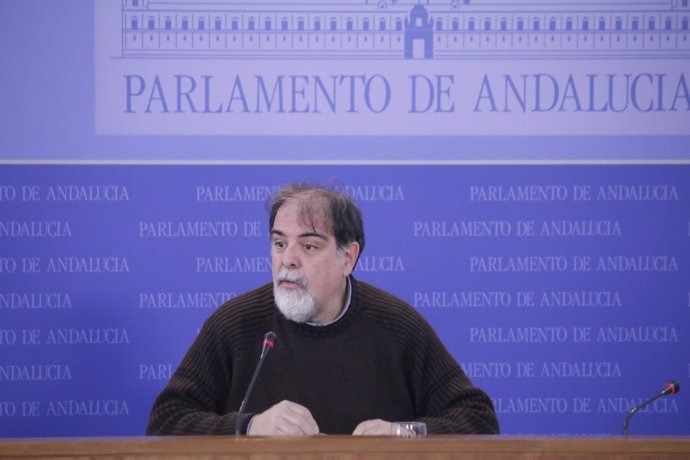 Jesús Romero, presidente del grupo parlamentario de Podemos, en rueda de prensa