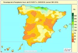 Mapa de precipitaciones acumuladas en España hasta el 20 de febrero