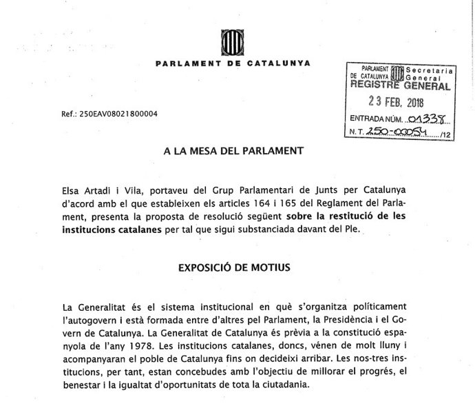 Proposta de resolució de JxCat per restituir el Govern