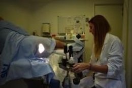 Una doctora del centre preparant a un pacient per a la prova
