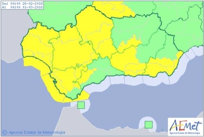 Avisos por lluvias y vientos activos este 28 de febrero en Andalucía