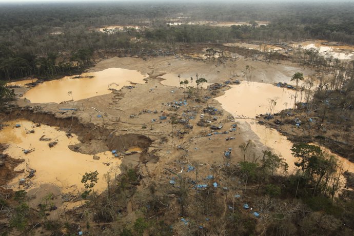 An area deforested by illegal gold mining is seen in a zone known as Mega 13, at
