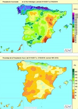 Mapa de lluvias acumuladas en España hasta el 27 de febrero