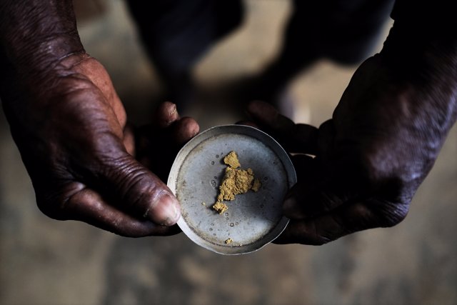 A wildcat gold miner, or garimpeiro, holds up gold before selling it in a villag