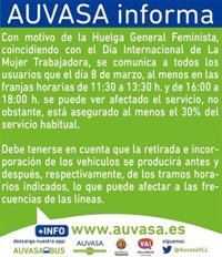 Auvasa informa de que el servicio de bus se podrá ver afectado por la huelga del Día de la Mujer