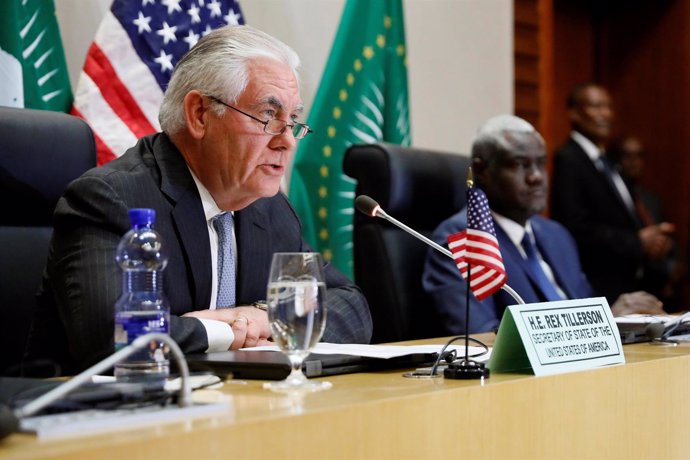 Foto de Rex Tillerson en una conferencia de prensa en Adís Abeba