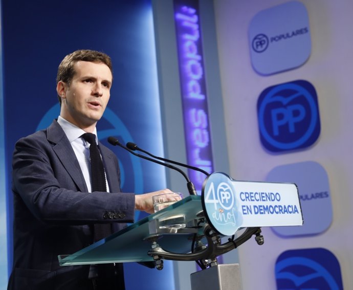 Rueda de prensa de Pablo Casado en la sede del PP