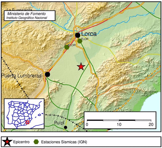 Imagen del lugar en el que se ha registrado el terremoto, en Lorca