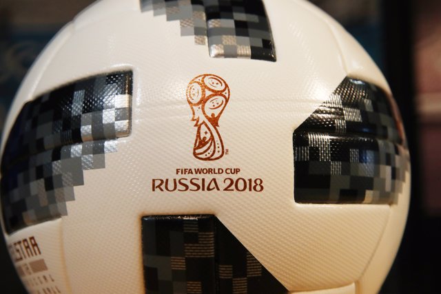 A soccer ball with the sign of the FIFA World Cup 2018 is seen before the Adidas