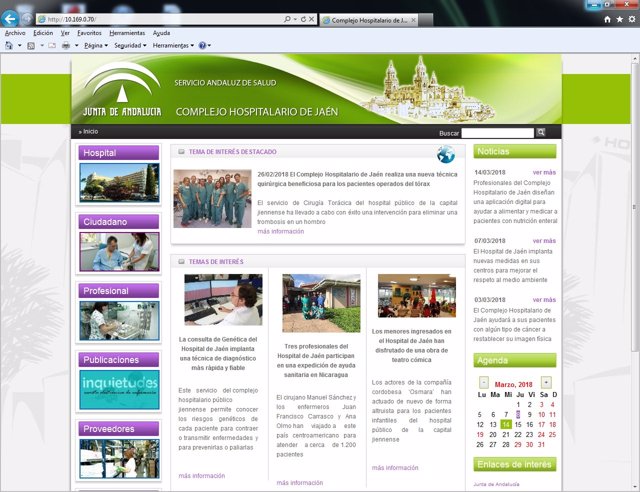 Portada de la página de web del Complejo Hospitalario de Jaén.