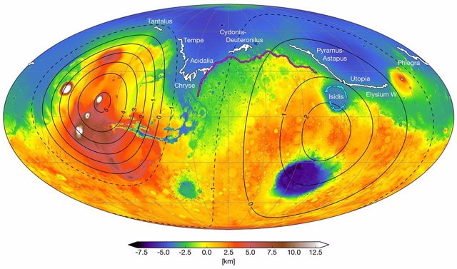 Posibles lineas de costa definidas por antiguos océanos en Marte 