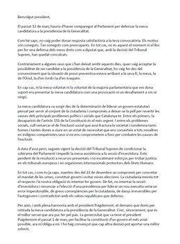 Carta de Jordi Sànchez (JxCat) al presidente del Parlament