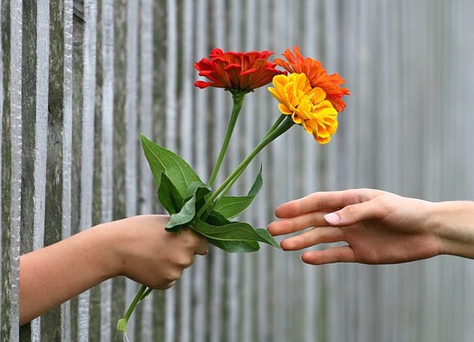 Ramo de flores, manos, generoso, generosidad, regalo