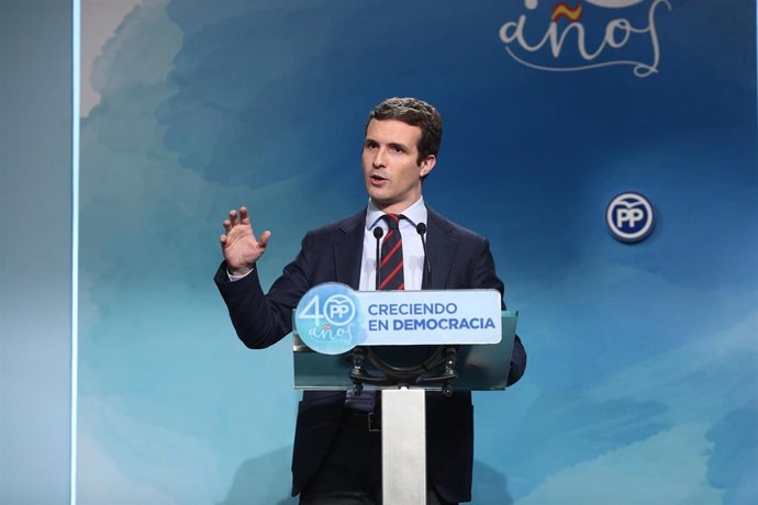 Rueda de prensa de Pablo Casado en la sede del PP