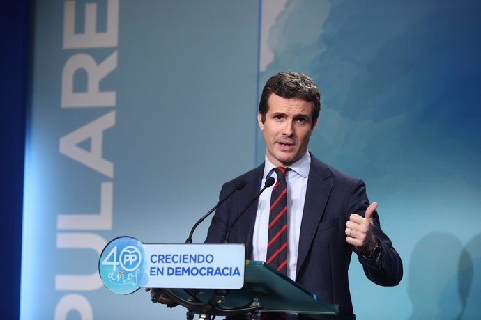 Rueda de prensa de Pablo Casado en la sede del PP